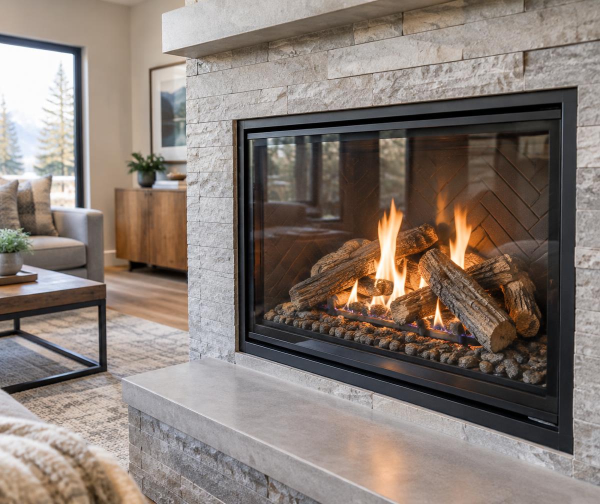 Illustrative close view of gas flames behind a glass fireplace front in a stone surround