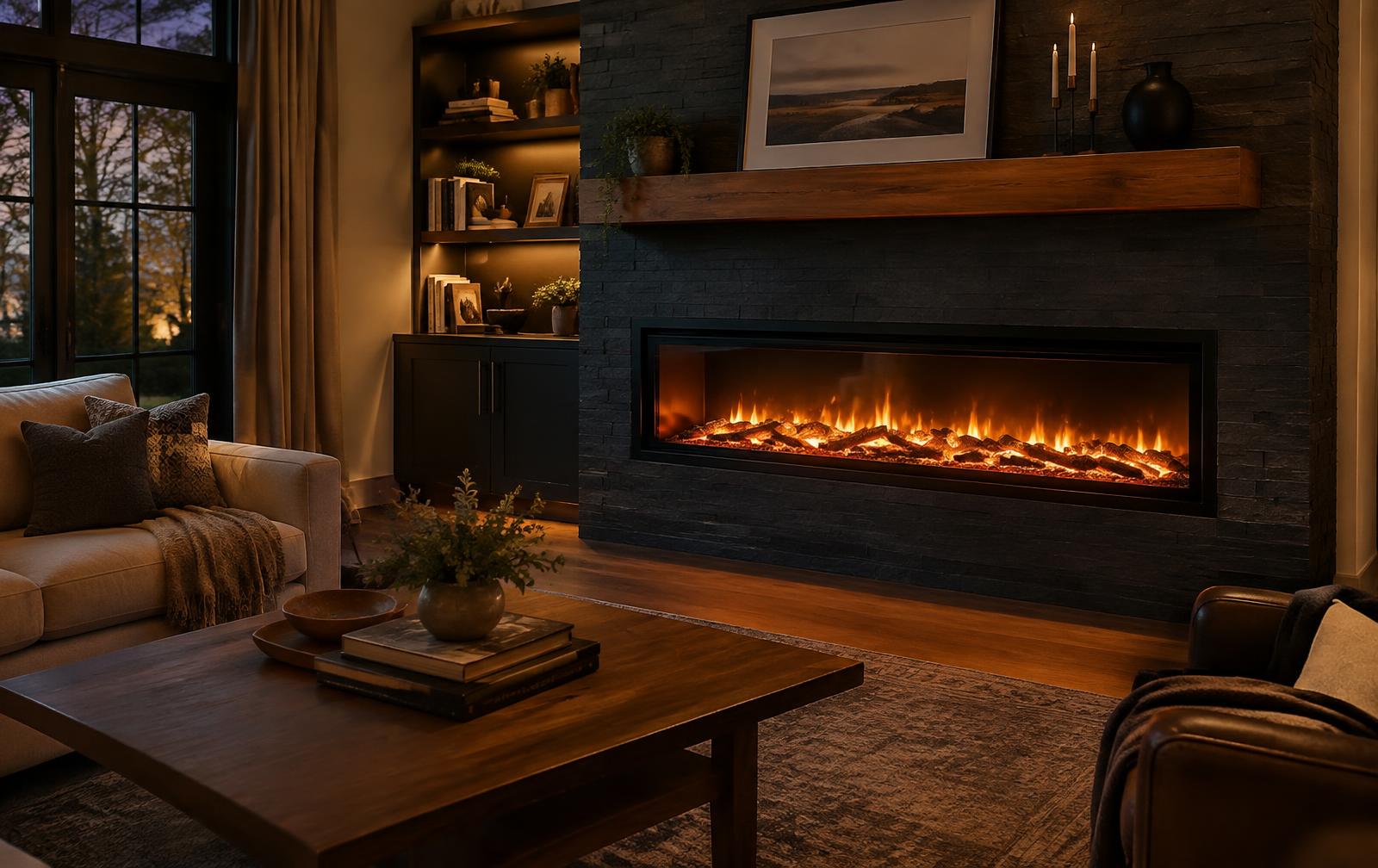 A modern living room with a glowing linear gas fireplace in a dark stone wall