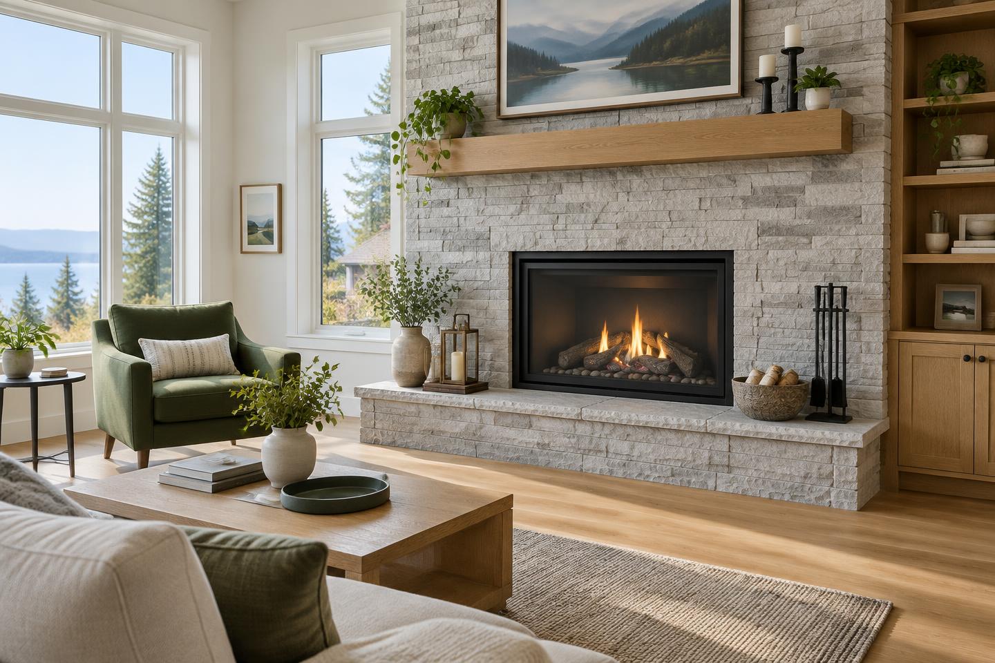 Illustrative bright living room with a stone fireplace surround and a green armchair