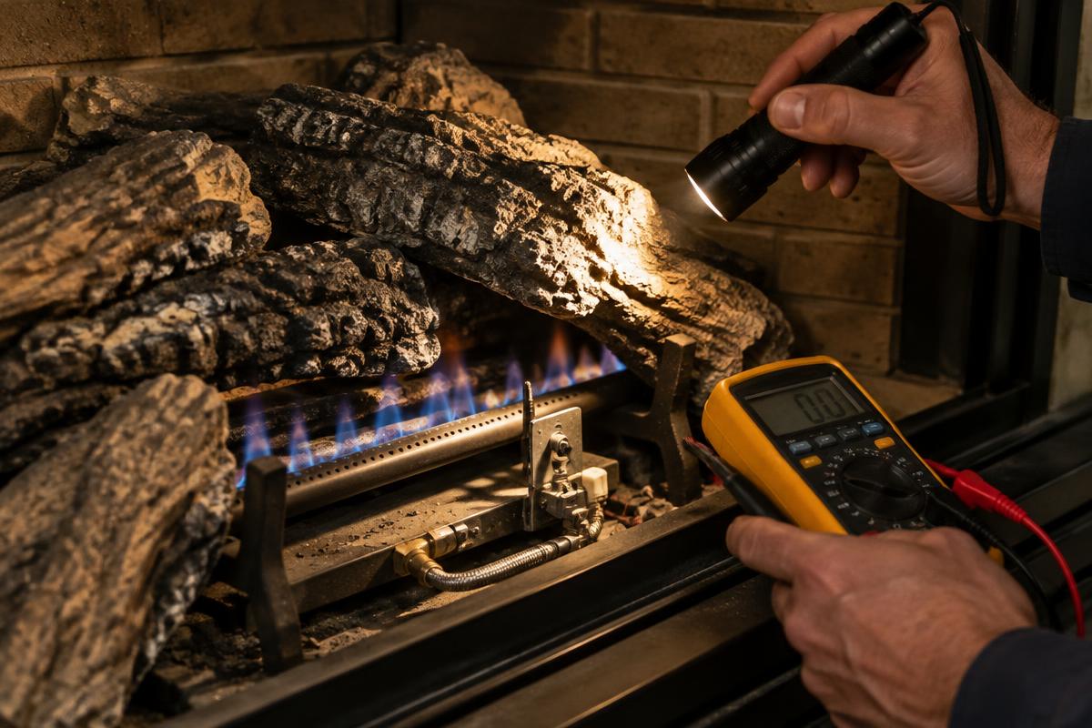 Illustrative photo of a technician checking a gas fireplace burner with a flashlight and multimeter