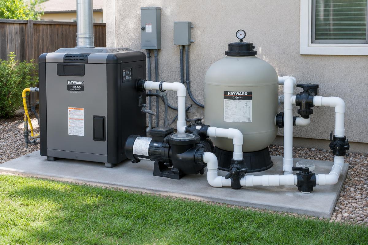 Illustrative photo of a residential pool equipment pad with a gas pool heater, pump and filter