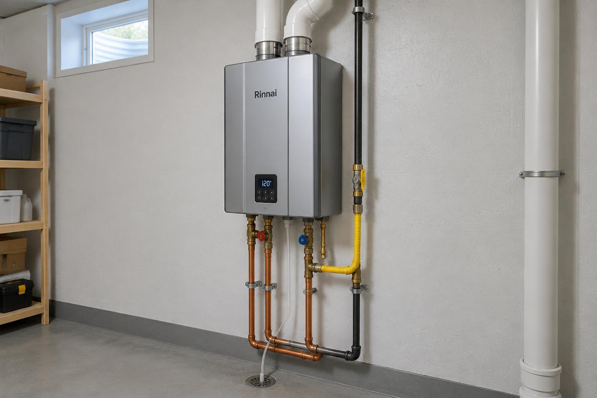 Illustrative photo of a wall mounted tankless water heater with copper and gas piping in a basement